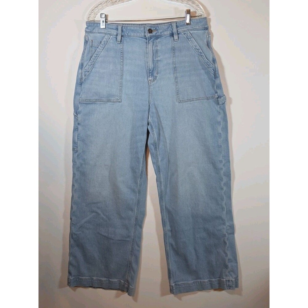American Eagle Jeans Wmns 14 Lt Blue Denim Hi Rise Wide-Leg Baggy Stretch 35x31